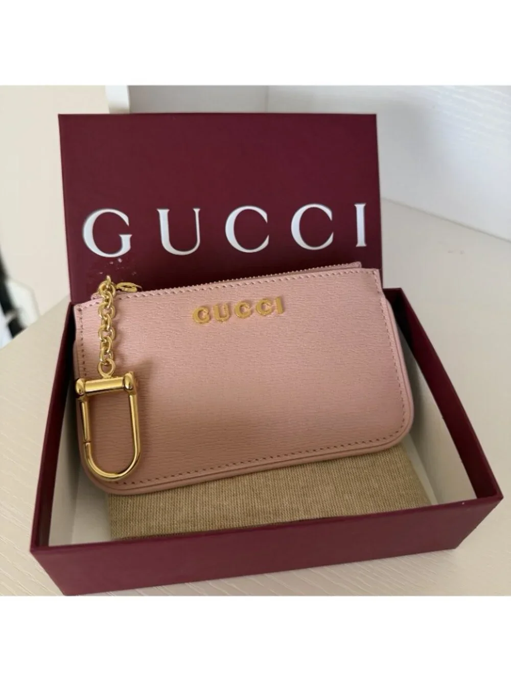 NEW GUCCI Zip Key Case With Script 100% Authentic Pink Wallet Cardholder